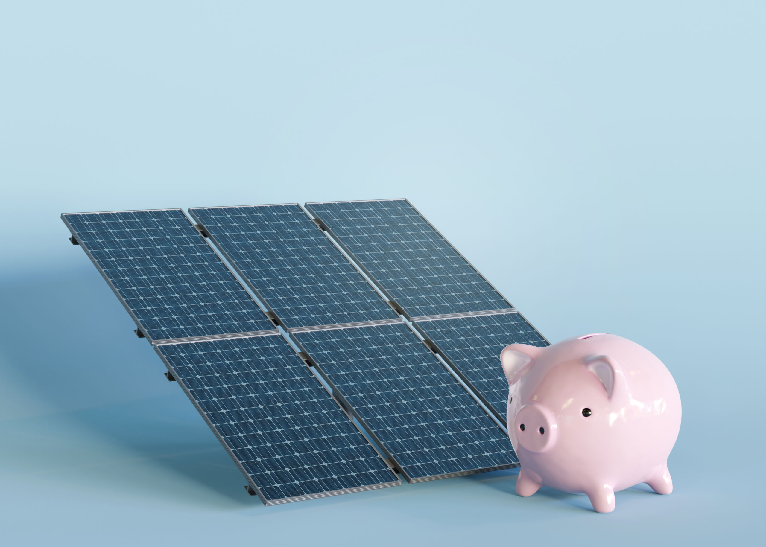 An image of solar panels next to a piggy bank, representing big savings. Is solar a scam?